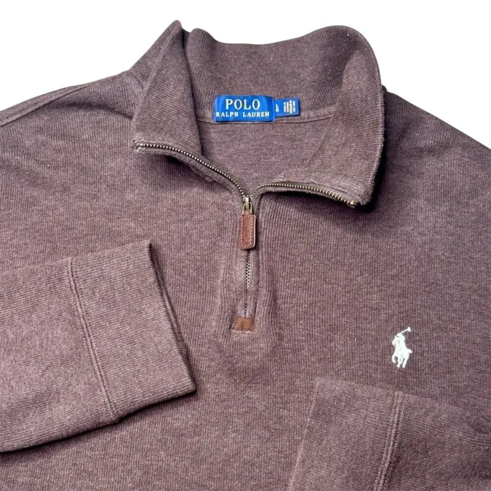 Polo Ralph Lauren Sweater Mens Large Brown Quarter Zip Mock Neck Cotton Knit